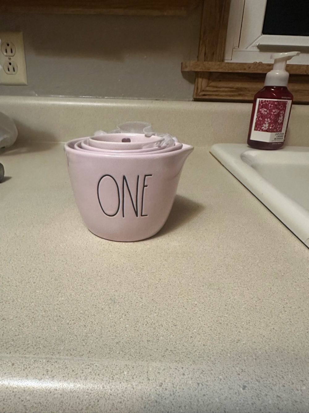 Rae Dunn Soft Pink Ceramic Measuring Cup Labeled ONE